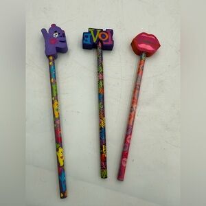 Lisa Frank Pencils With Erasers Toppers love, lips, bear Lot Of 3.